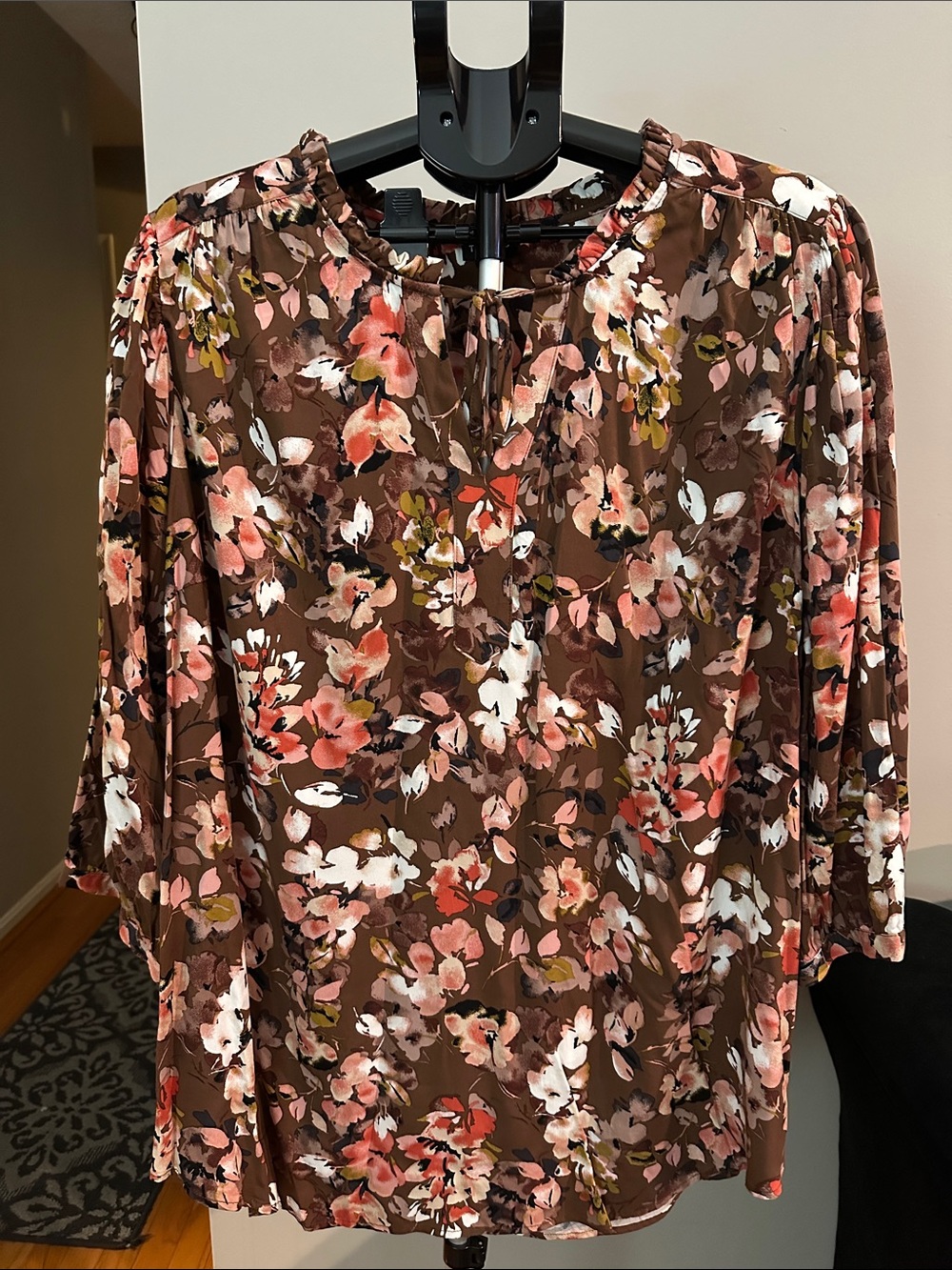 Torrid Brown Floral Tie-Neck Blouse Pink White Accent Peasant Blouse 3